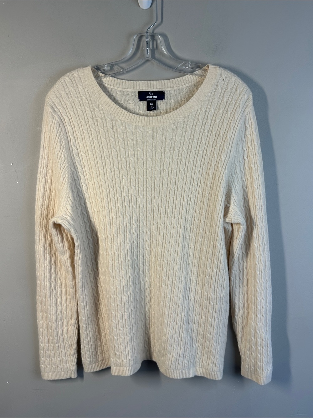 Lands’ End 100% Cashmere Ivory Crew Neck Cable Knit Sweater Size XL Cozy Fall